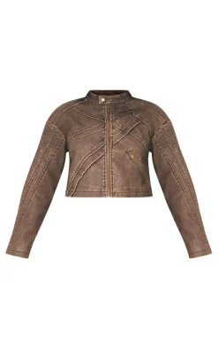 Petite Washed Brown Seam Detail Faux Leather Jacket