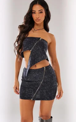 Petite Washed Charcoal Asymmetric Detail Crop Top