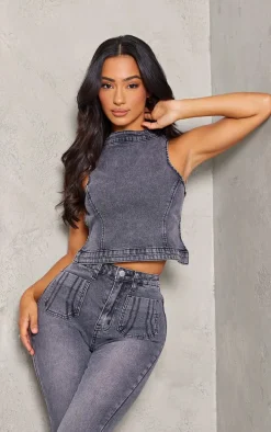 Petite Washed Charcoal Denim Backless Top
