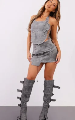 Petite Washed Charcoal Twill Frayed Mini Skirt