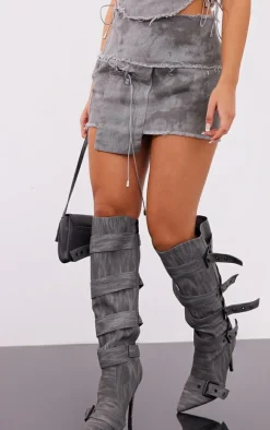 Petite Washed Charcoal Twill Frayed Mini Skirt