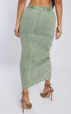 Petite Washed Green Denim Cargo Midi Skirt