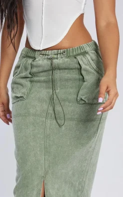 Petite Washed Green Denim Cargo Midi Skirt