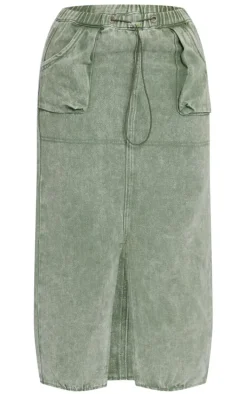 Petite Washed Green Denim Cargo Midi Skirt