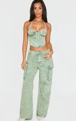 Petite Washed Green Denim Seam Detail Corset