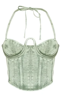 Petite Washed Green Denim Seam Detail Corset