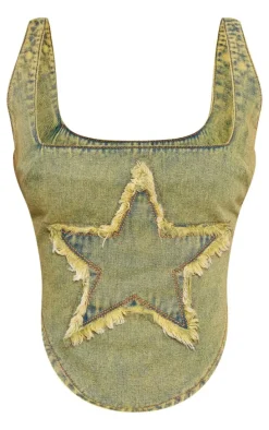 Petite Washed Green Denim Star Embroidered Square Neck Corset Top
