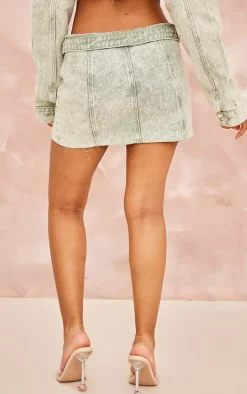 Petite Washed Green Distressed Button Front Denim Mico Mini Skirt