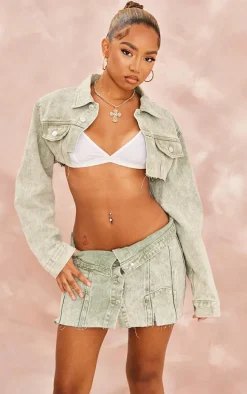 Petite Washed Green Distressed Button Front Denim Mico Mini Skirt