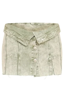 Petite Washed Green Distressed Button Front Denim Mico Mini Skirt