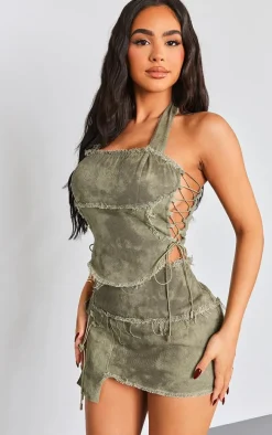 Petite Washed Green Twill Frayed Mini Skirt