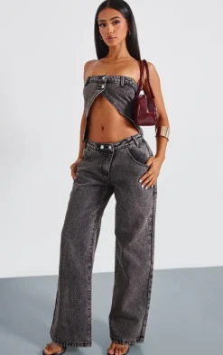 Petite Washed Grey Asymmetric Waist Wide Leg Jeans