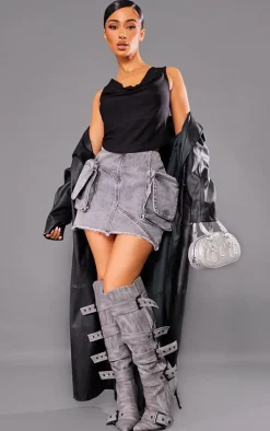 Petite Washed Grey Cargo Pocket Detail Mini Skirt