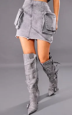 Petite Washed Grey Cargo Pocket Detail Mini Skirt