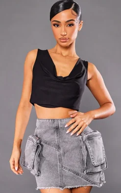 Petite Washed Grey Cargo Pocket Detail Mini Skirt