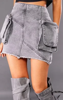 Petite Washed Grey Cargo Pocket Detail Mini Skirt