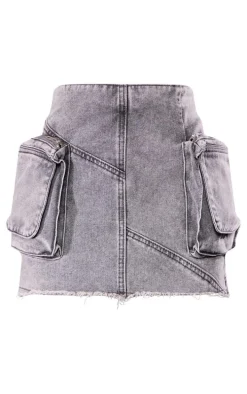 Petite Washed Grey Cargo Pocket Detail Mini Skirt