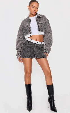 Petite Washed Grey Contrast Waistband Denim Mini Skirt