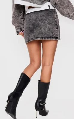 Petite Washed Grey Contrast Waistband Denim Mini Skirt