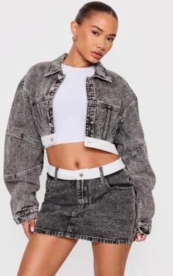 Petite Washed Grey Contrast Waistband Denim Mini Skirt