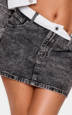 Petite Washed Grey Contrast Waistband Denim Mini Skirt