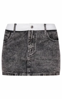Petite Washed Grey Contrast Waistband Denim Mini Skirt