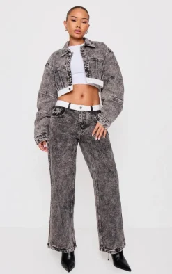 Petite Washed Grey Contrast Waistband Denim Jeans