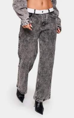 Petite Washed Grey Contrast Waistband Denim Jeans