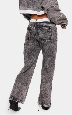 Petite Washed Grey Contrast Waistband Denim Jeans