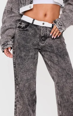 Petite Washed Grey Contrast Waistband Denim Jeans