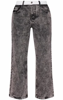 Petite Washed Grey Contrast Waistband Denim Jeans