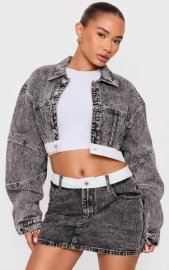 Petite Washed Grey Contrast Hem Cropped Denim Jacket