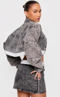 Petite Washed Grey Contrast Hem Cropped Denim Jacket