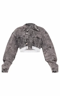 Petite Washed Grey Contrast Hem Cropped Denim Jacket