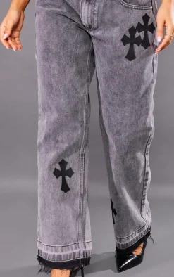 Petite Washed Grey Cross Applique Straight Leg Jeans