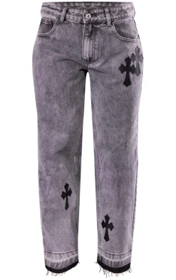Petite Washed Grey Cross Applique Straight Leg Jeans