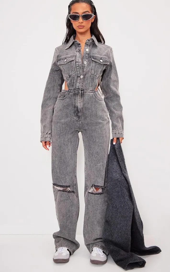Petite Washed Grey Denim Cut Out Jumpsuit
