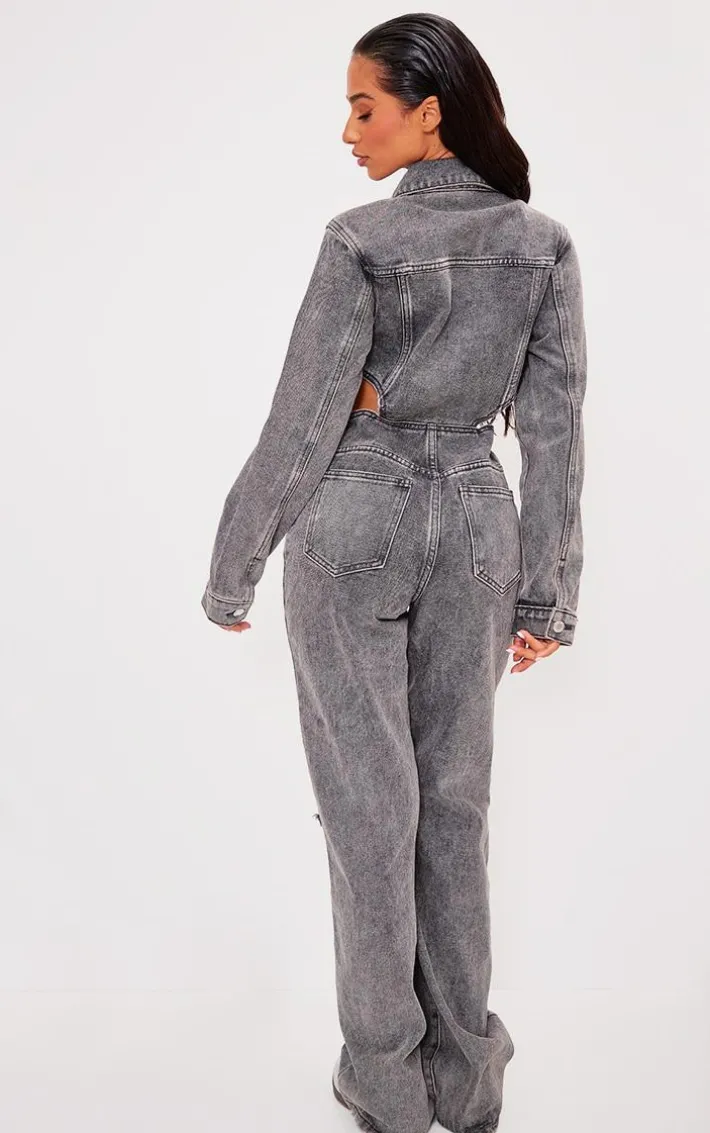 Petite Washed Grey Denim Cut Out Jumpsuit