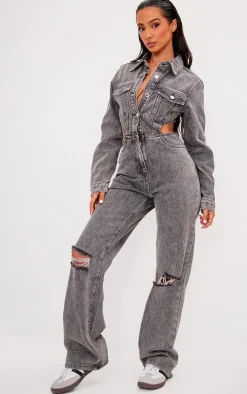 Petite Washed Grey Denim Cut Out Jumpsuit