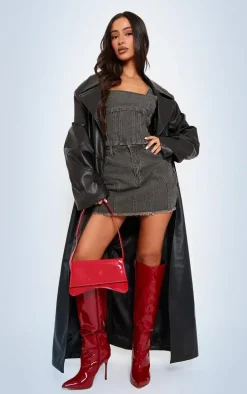 Petite Washed Grey Denim Seam Detail Corset Top