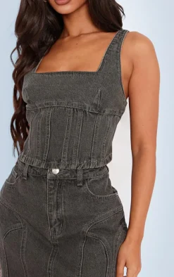 Petite Washed Grey Denim Seam Detail Corset Top