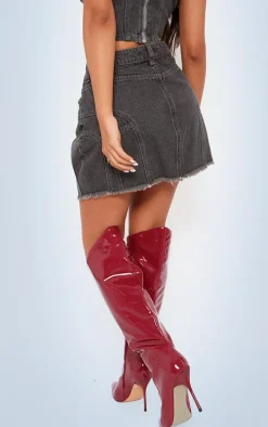 Petite Washed Grey Denim Seam Detail Mini Skirt