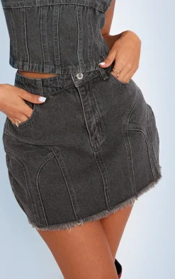 Petite Washed Grey Denim Seam Detail Mini Skirt