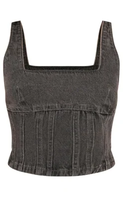 Petite Washed Grey Denim Seam Detail Mini Skirt