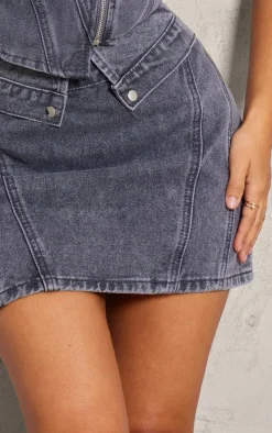 Petite Washed Grey Denim Mid Rise Fold Over Mini Skirt