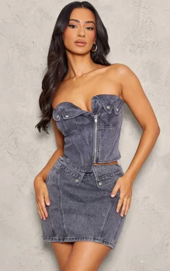 Petite Washed Grey Denim Fold Over Zip Up Corset