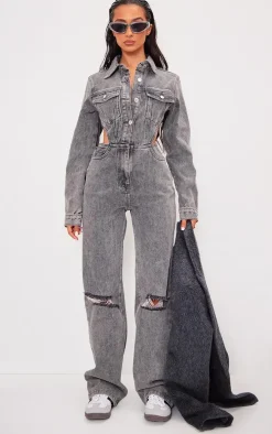 Petite Washed Grey Denim Ripped Knee Jumpsuit