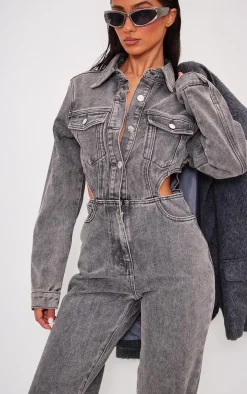 Petite Washed Grey Denim Ripped Knee Jumpsuit