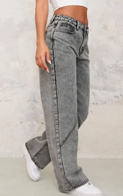 Petite Washed Grey Denim Seam Detail Straight Leg Jeans