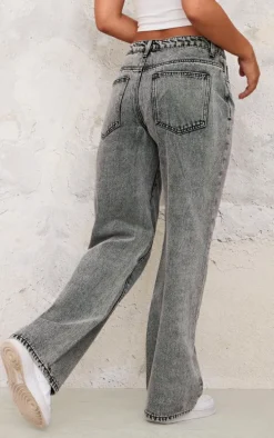 Petite Washed Grey Denim Seam Detail Straight Leg Jeans